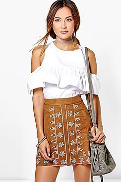 Boohoo Naia Embroidered Front A Line Suedette Mini Skirt