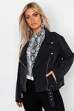 Boohoo Plus Washed Black Denim Biker Jacket