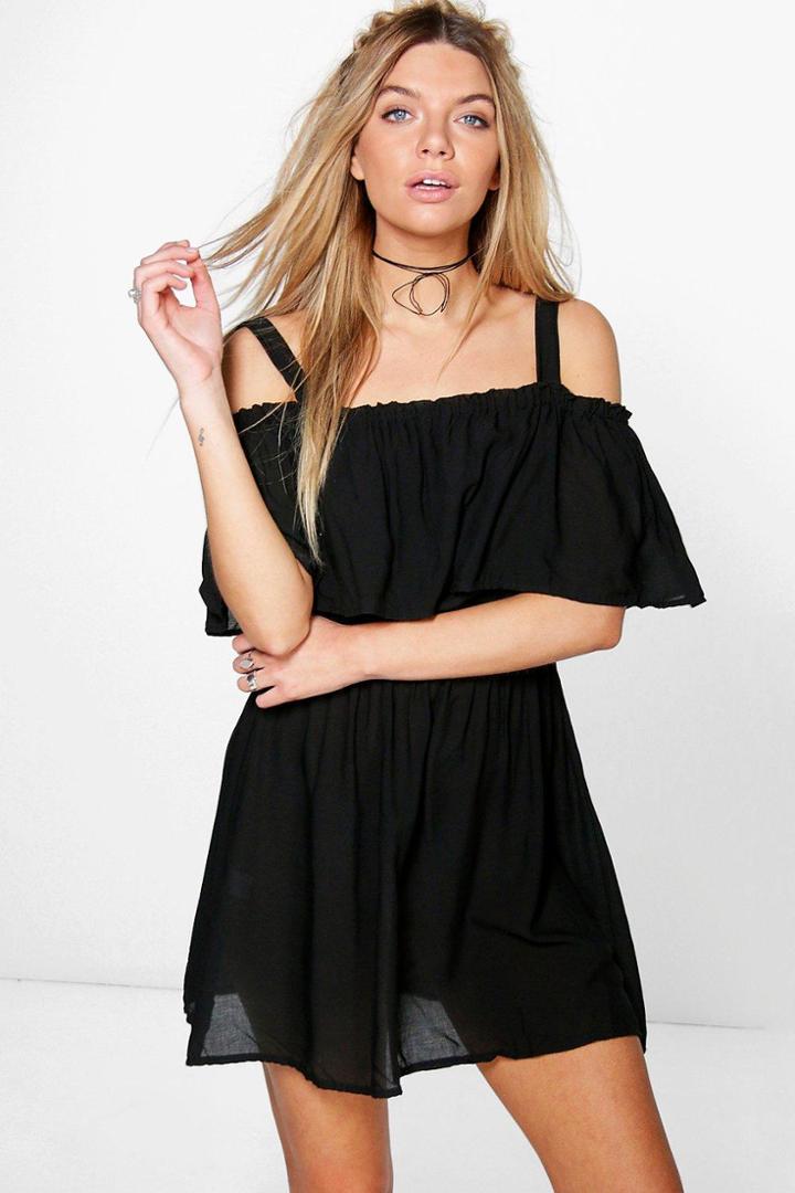 Boohoo Lana Ruffle Off The Shoulder Dress Black