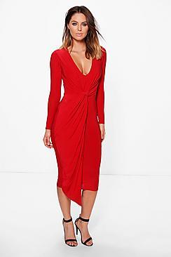 Boohoo Kassie Slinky Drape Wrap Midi Dress