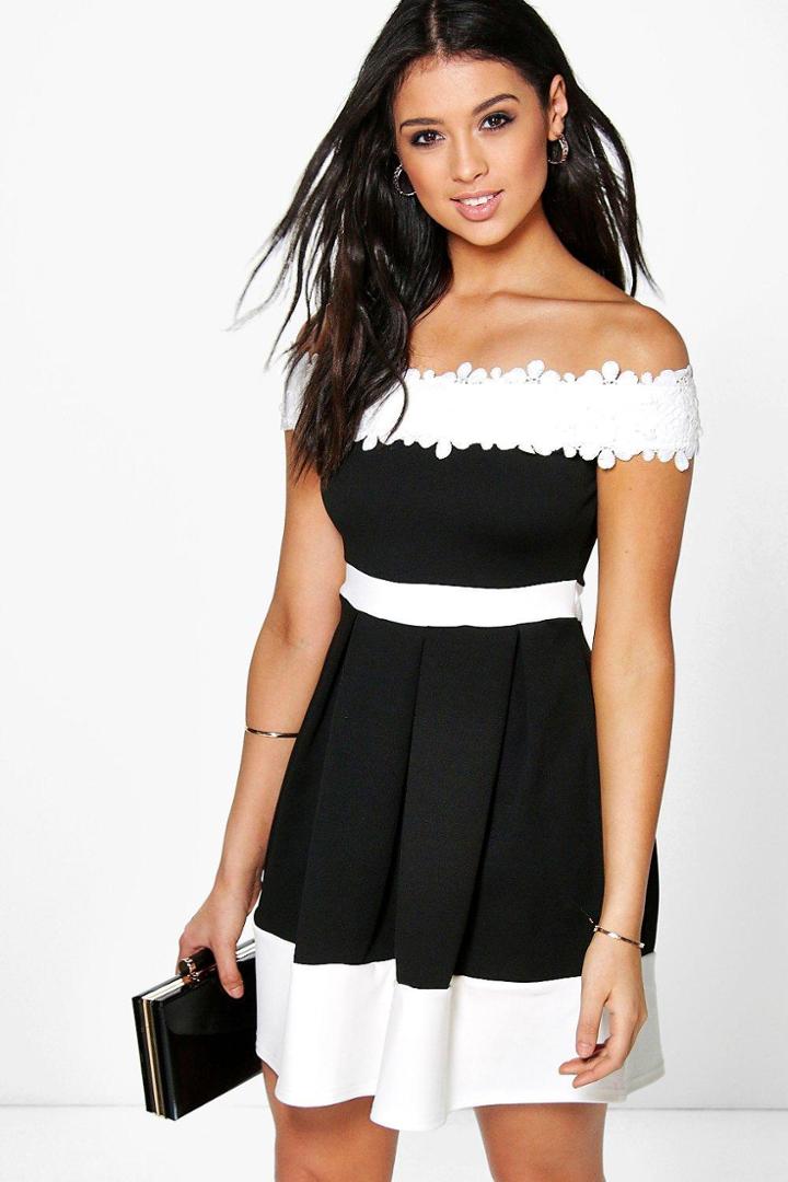 Boohoo Gia Lace Off The Shoulder Contrast Skater Dress Black