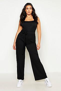 Boohoo Plus Plaited Rib Belted Wide Leg Trouser