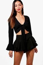 Boohoo Petite  Tie Front Frill Sleeve Top