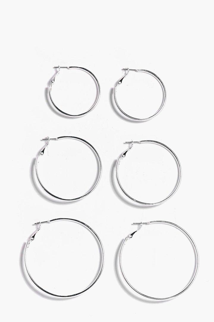 Boohoo Aaliyah Mixed Size Hoop Earring 3 Pack Silver