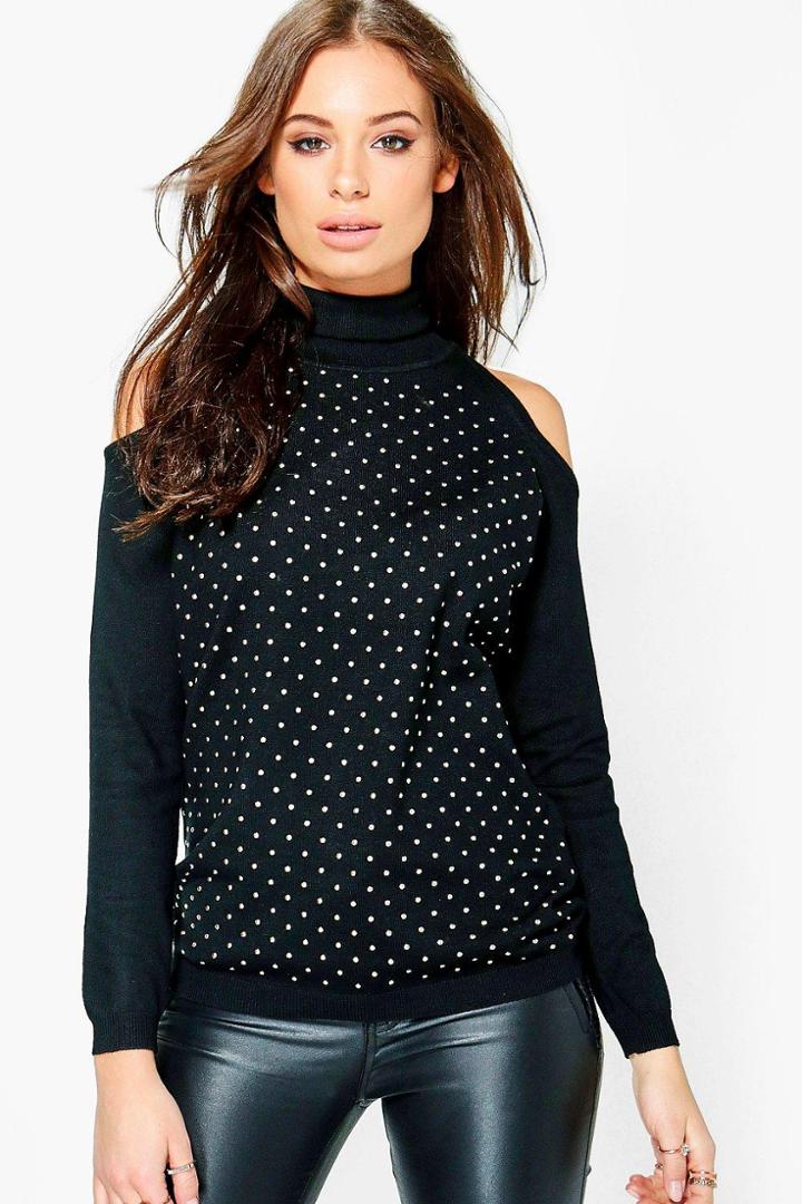 Boohoo Imogen Cold Shoulder Studded Jumper Black