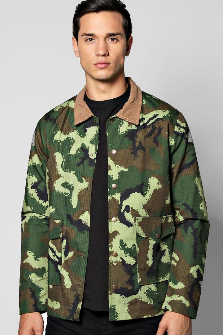 Boohoo Double Pocket Zip Through Jacket With Cord Collar Camo