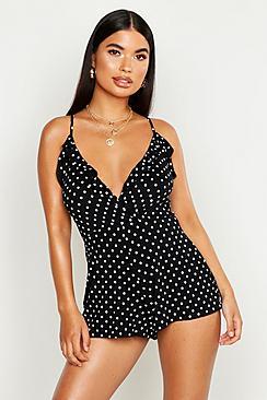 Boohoo Petite Polka Dot Ruffle Wrap Playsuit