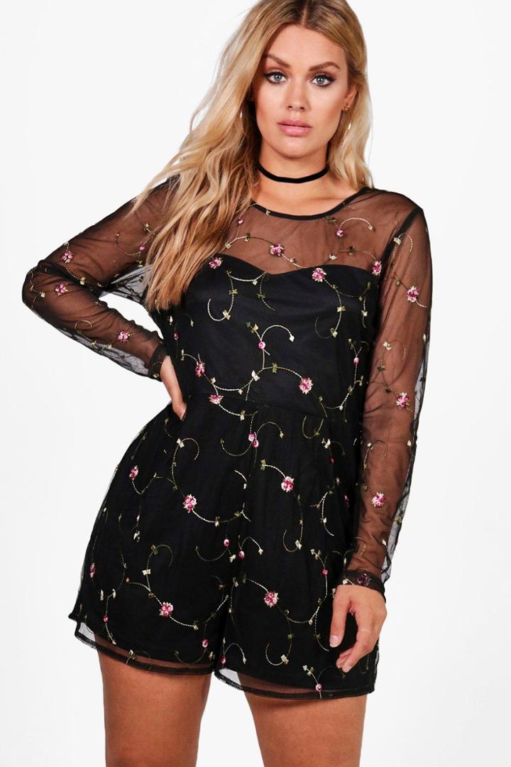 Boohoo Plus Lois Embroidered Playsuit Multi
