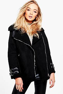 Boohoo Lana Longline Aviator Suedette Jacket