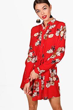 Boohoo Floral Tie Waist Woven Shirt Dress