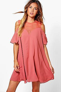 Boohoo Coleen Lace Cold Shoulder Swing Dress