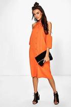 Boohoo Ushi Cold Shoulder Button Through Shirt Dress