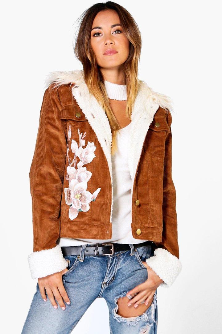 Boohoo Ava Corduroy Sherpa Cuff & Fur Collar Applique Jacket Tan
