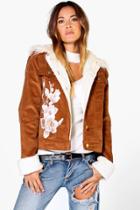 Boohoo Ava Corduroy Sherpa Cuff & Fur Collar Applique Jacket Tan