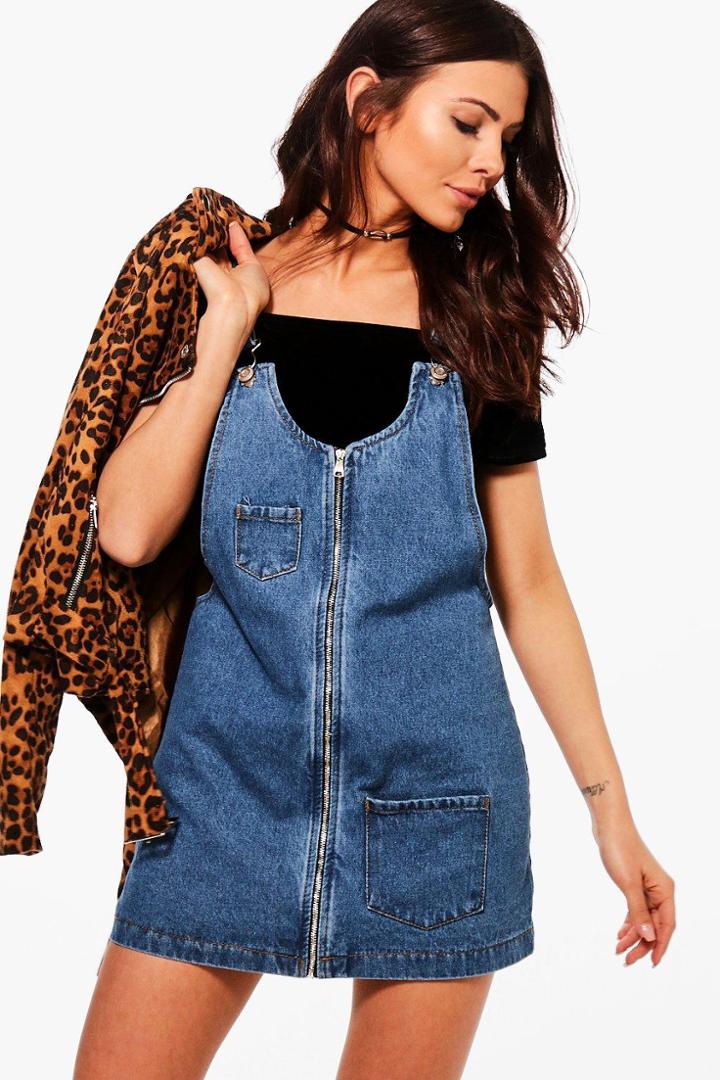 Boohoo Petite Kitty Zip Front Denim Pinafore Dress Blue