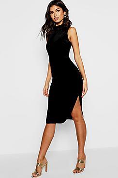 Boohoo High Neck Velvet Split Midi Bodycon Dress