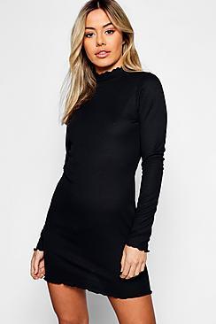 Boohoo Petite Rib Lettuce Hem Turtle Neck Dress