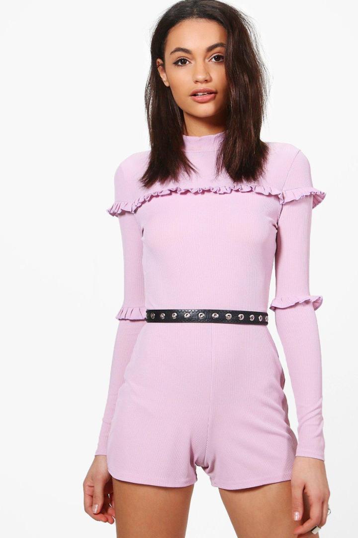 Boohoo Goda Ribbed Ruffle Playsuit Lilac