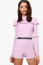 Boohoo Goda Ribbed Ruffle Playsuit Lilac