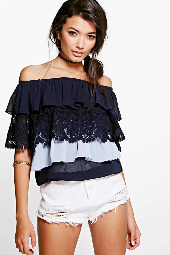 Boohoo Laura Crochet Lace Ruffle Bardot Top Navy