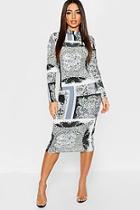 Boohoo Leopard + Chain Mix Print Long Sleeve Midi Dress