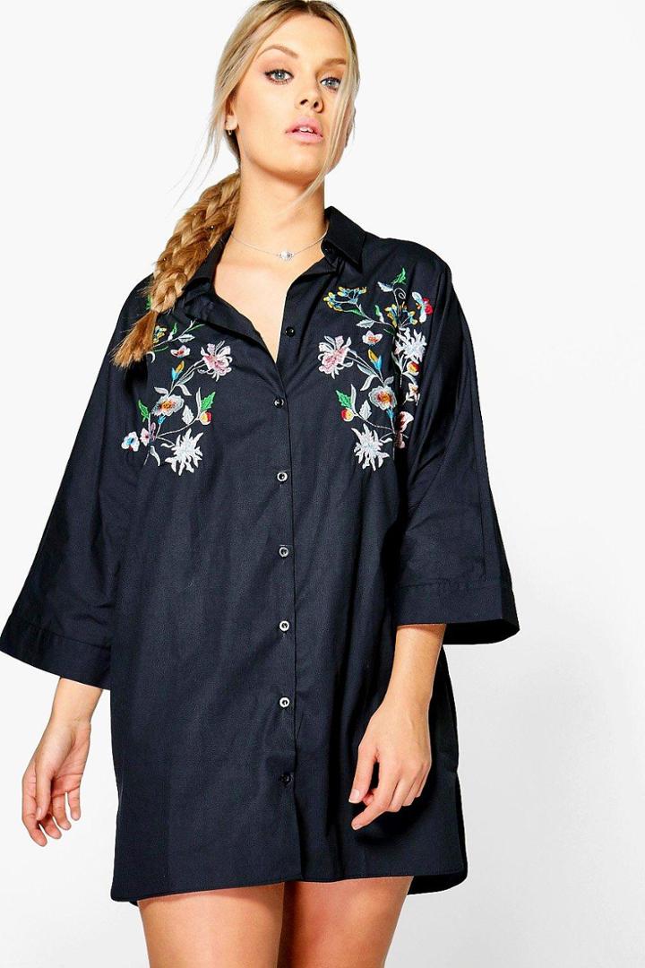 Boohoo Plus Blair Embroidered Shirt Dress Black