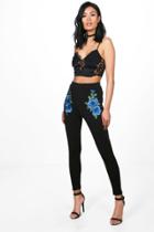 Boohoo Amarah Rose Applique Skinny Stretch Trousers Black
