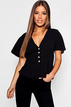 Boohoo Petite Button Front Peplum Hem Top