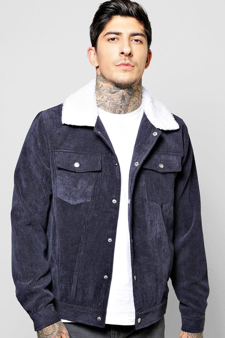 Boohoo Cord Jacket With Borg Collar Navy