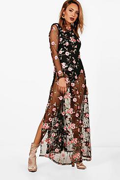 Boohoo Embroidered Mesh Long Sleeve Maxi Dress