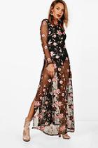 Boohoo Embroidered Mesh Long Sleeve Maxi Dress