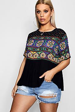 Boohoo Plus Lucia Retro Print Smock Top