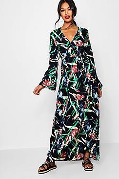 Boohoo Isla Mixed Print Plunge Belted Wrap Maxi Dress