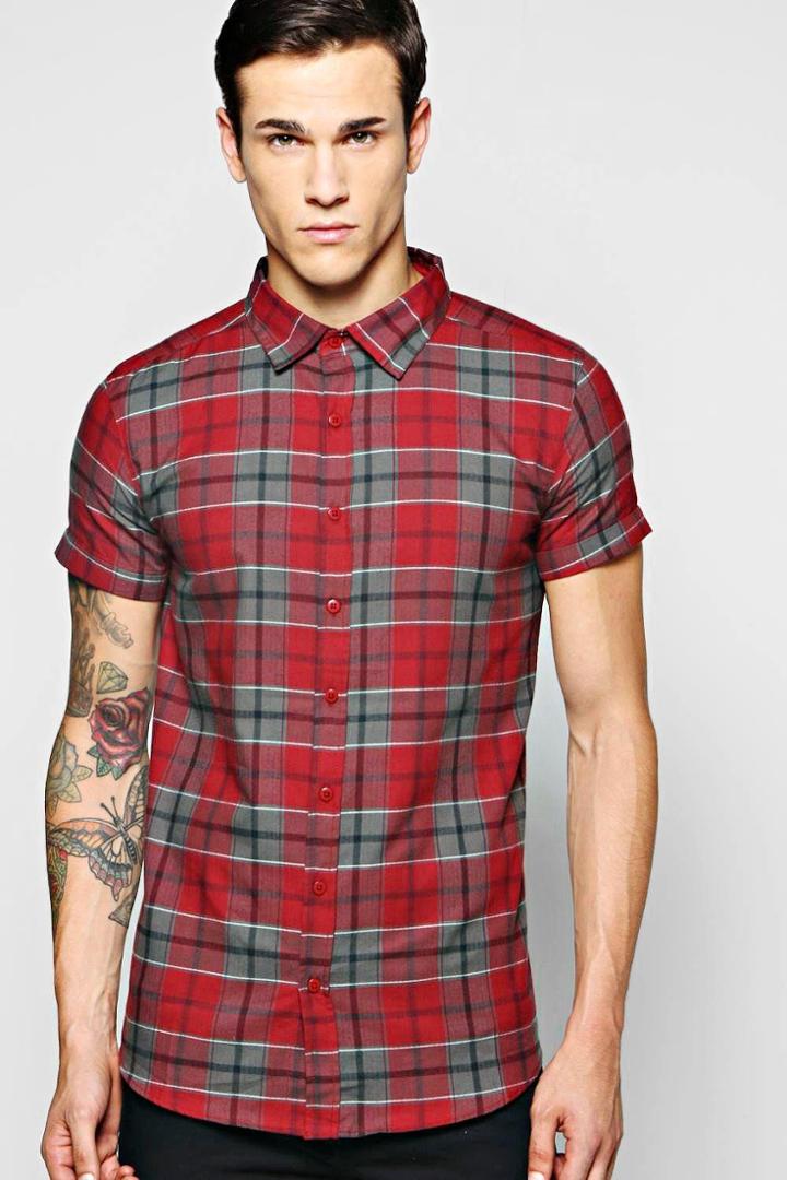 Boohoo Short Sleeve Flannel Shirt Red