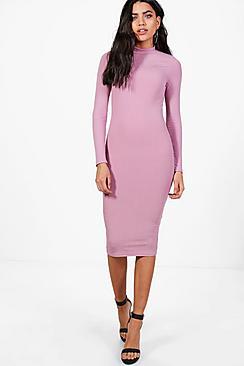 Boohoo Ribbed High Neck Long Sleeved Midi Dress