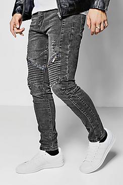 Boohoo Charcoal Skinny Fit Biker Jeans With Distressing