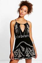 Boohoo Boutique Lola Embroidered Wrap Skater Dress Black