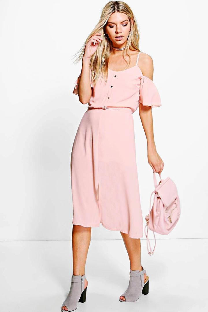 Boohoo Naomi Woven Cold Shoulder Midi Dress Nude