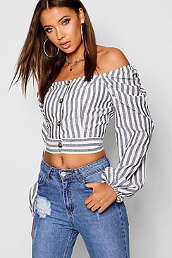 Boohoo Tall Horn Button Stripe Crop Blouse