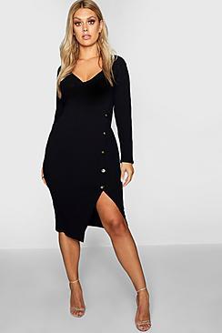 Boohoo Plus Ribbed Button Wrap Dress