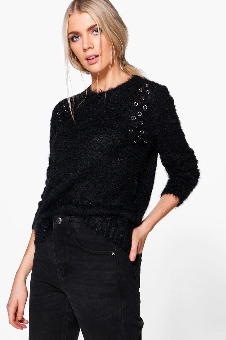 Boohoo Amelia Fluffy Eyelet Detail Knit Jumper Black