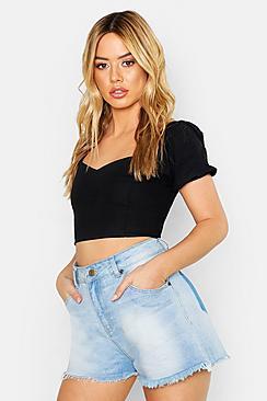 Boohoo Petite Linen Lace Up Black Volume Sleeve Top
