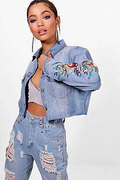 Boohoo Ava Floral Embroidered Cut Off Denim Jacket