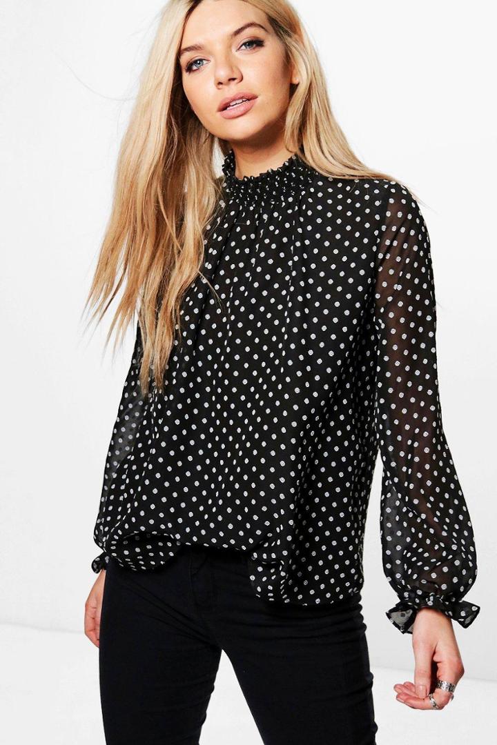Boohoo Demi Dobby Spot High Neck Blouse Black