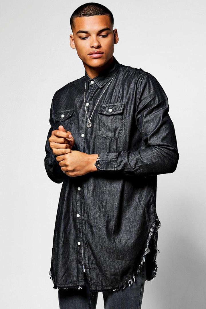 Boohoo Longline Denim Shirt With Raw Hem Curved Black