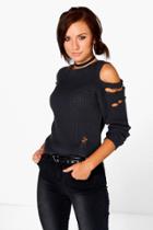 Boohoo Anna Distressed Cold Shoulder Jumper Smoke