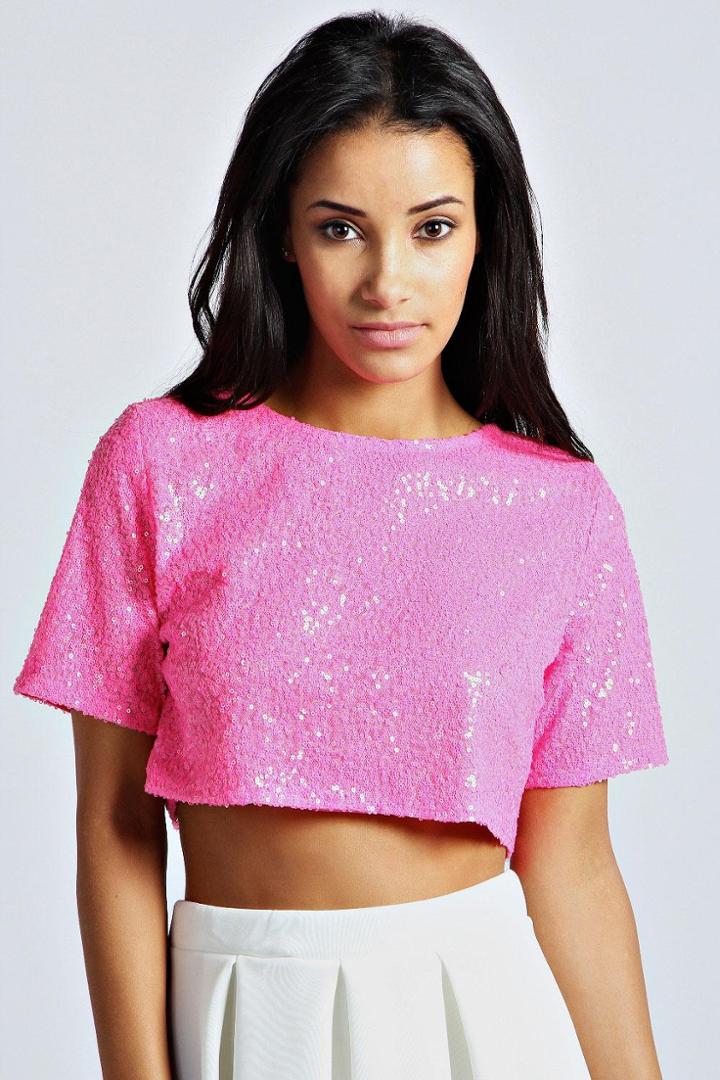 Boohoo Seren All Over Sequin Crop Shell Top - Pink