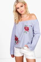 Boohoo Emily Off The Shoulder Embroidered Top Blue
