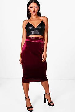 Boohoo Rosie Ruffle Waist Velvet Midi Skirt