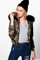 Boohoo Alice Camo Bomber With Faux Fur Hood Black